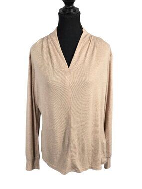 NWT | Akewei Oatmeal Beige Soft Knit Draped V-Neck Long Sleeve Top | Medium